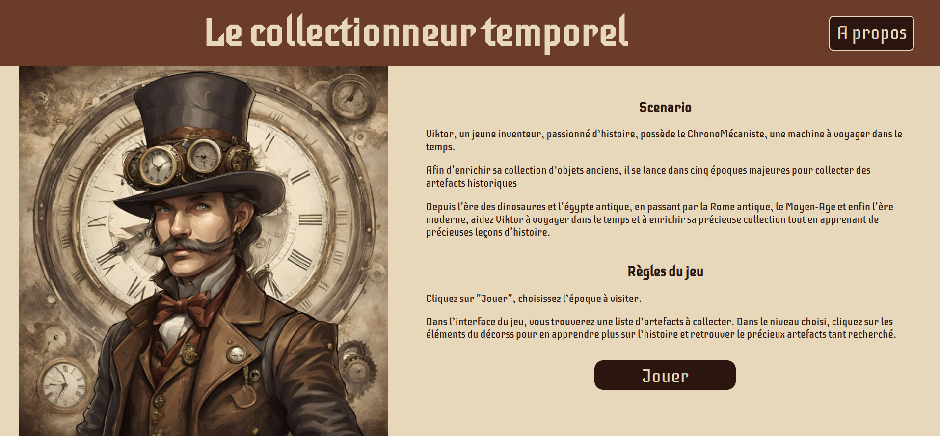 A man dressed in steampunk style presents the home page